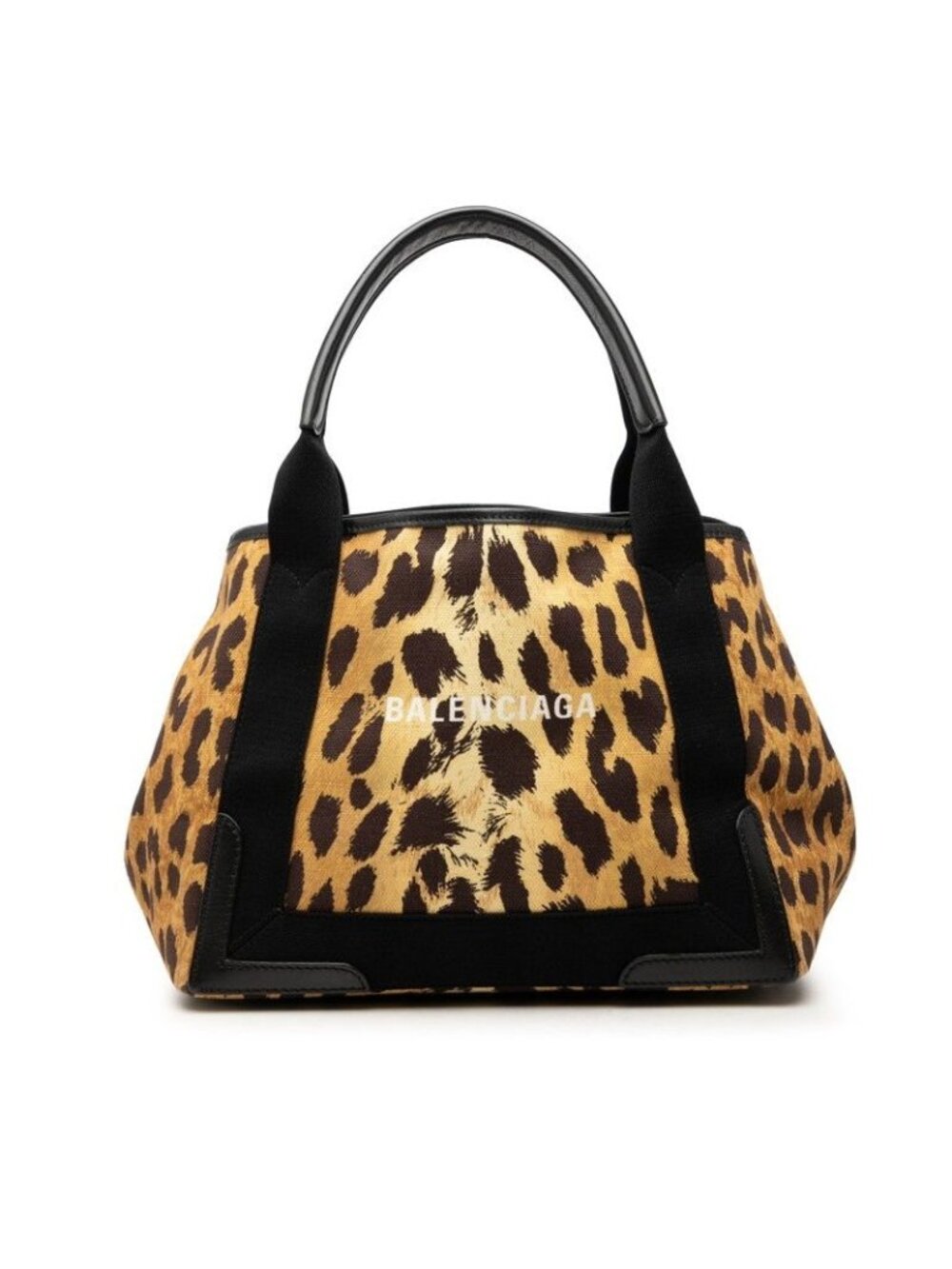 Balenciaga Navy Cabas S Tote Bag Leopard Print Brown Canvas Leather